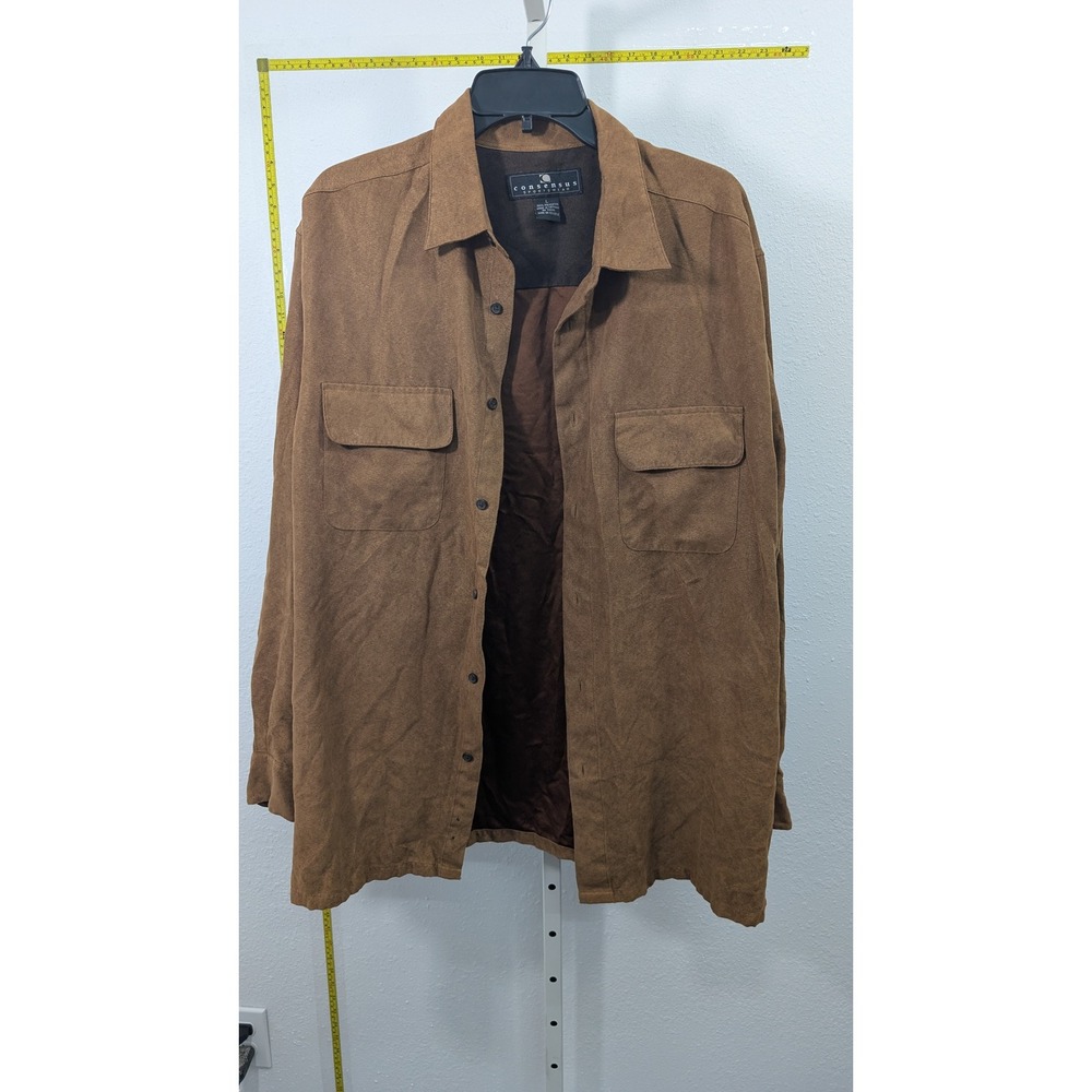 Consensus Sportswear Mens Large Faux Suede Button Up Shirt Jacket Brown RN 70246